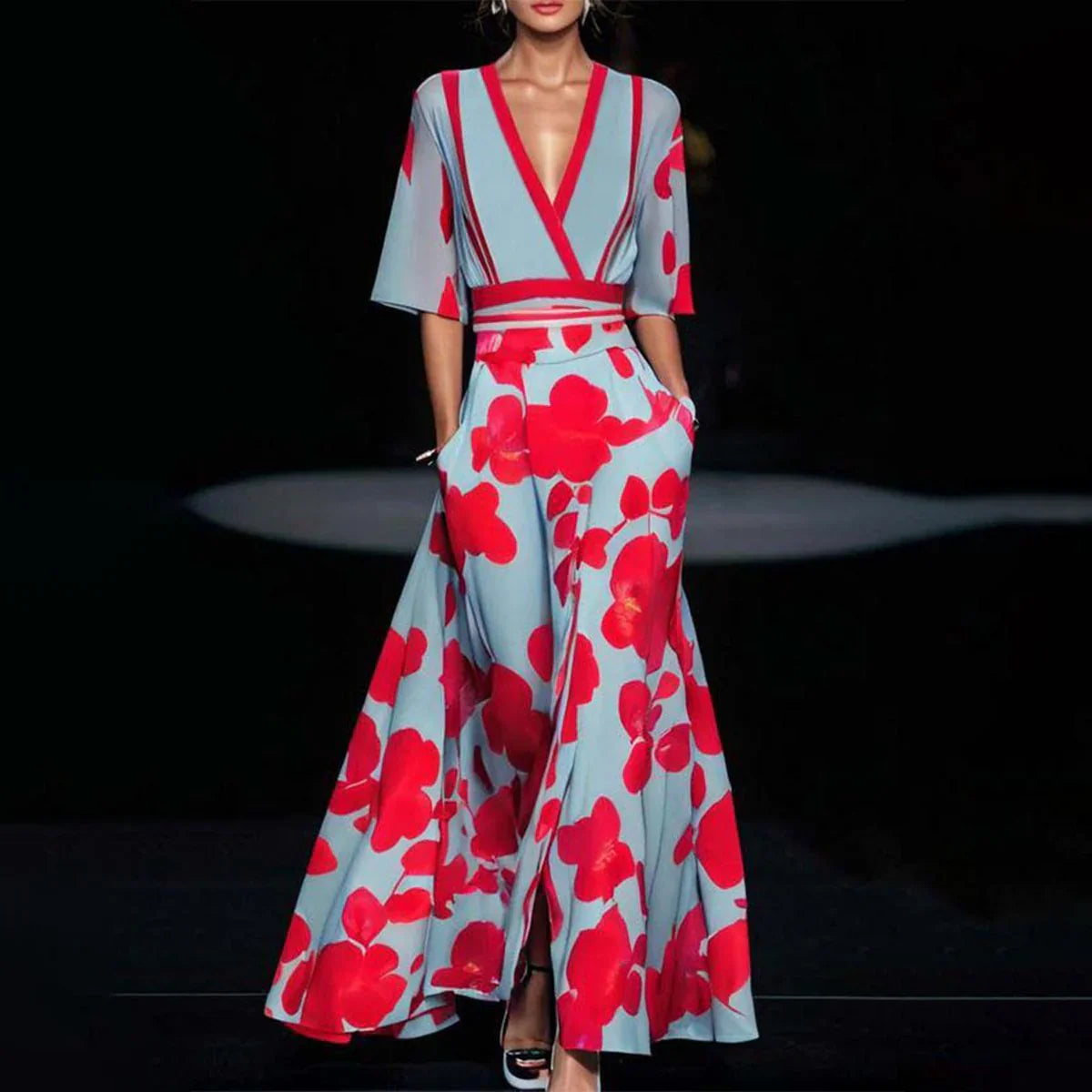 Women's Elegant Floral V Neck Maxi Dress