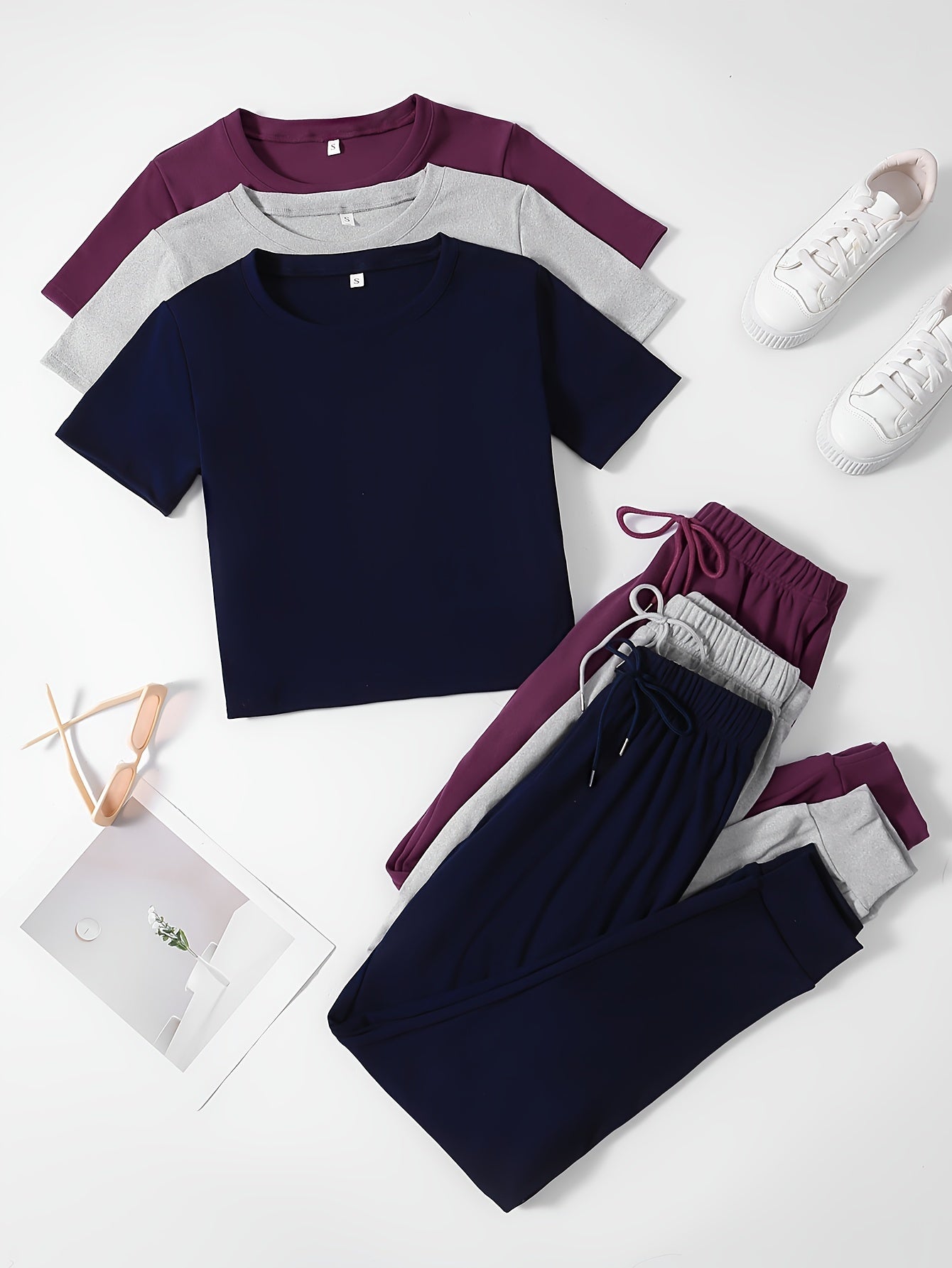 3 Pieces Cozy Crew Neck Drawstring Pants Lounge Set