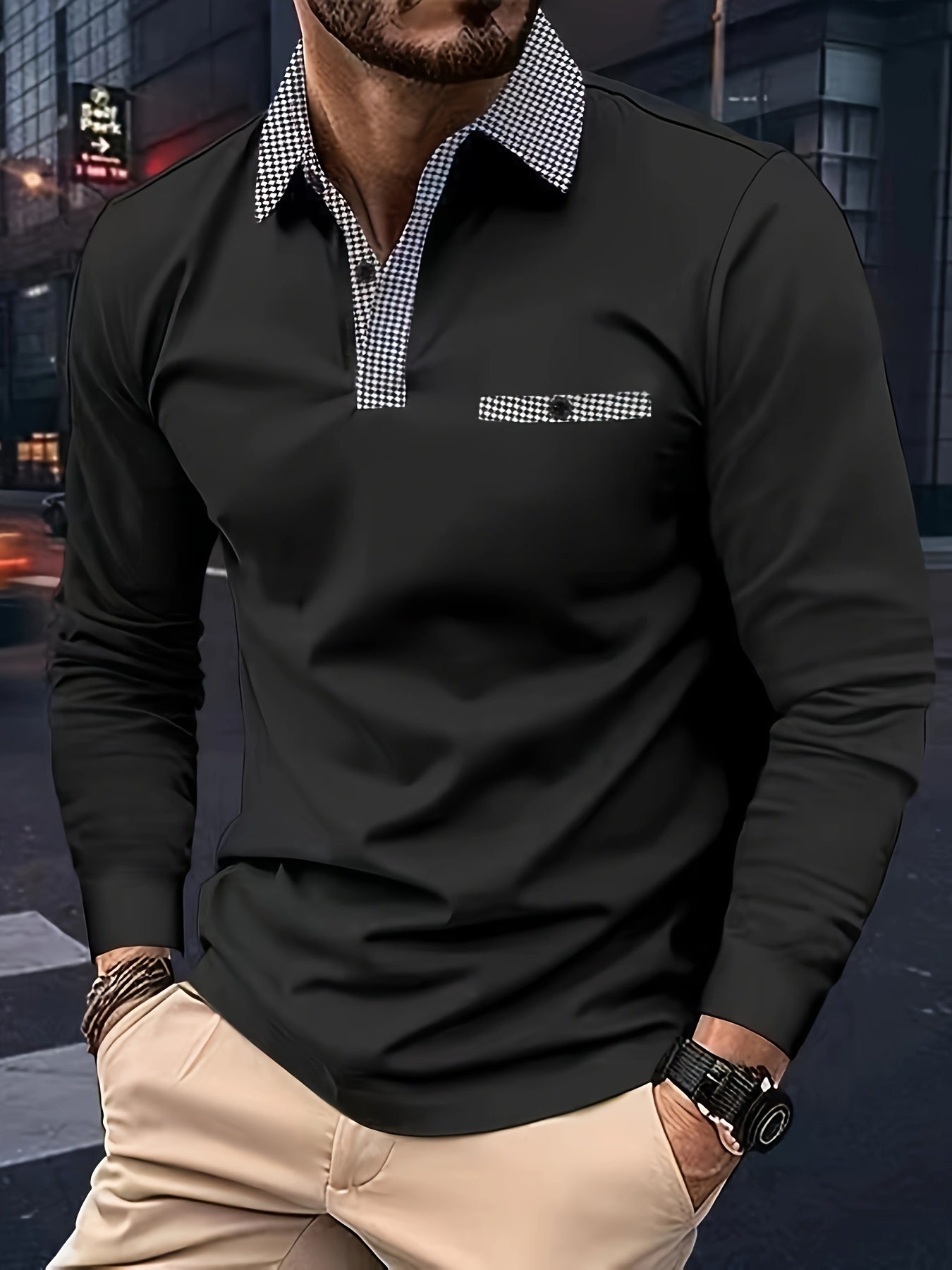 Men's Black Longsleeve Polo Shirt With Checkered Collar – Buttoned Polo