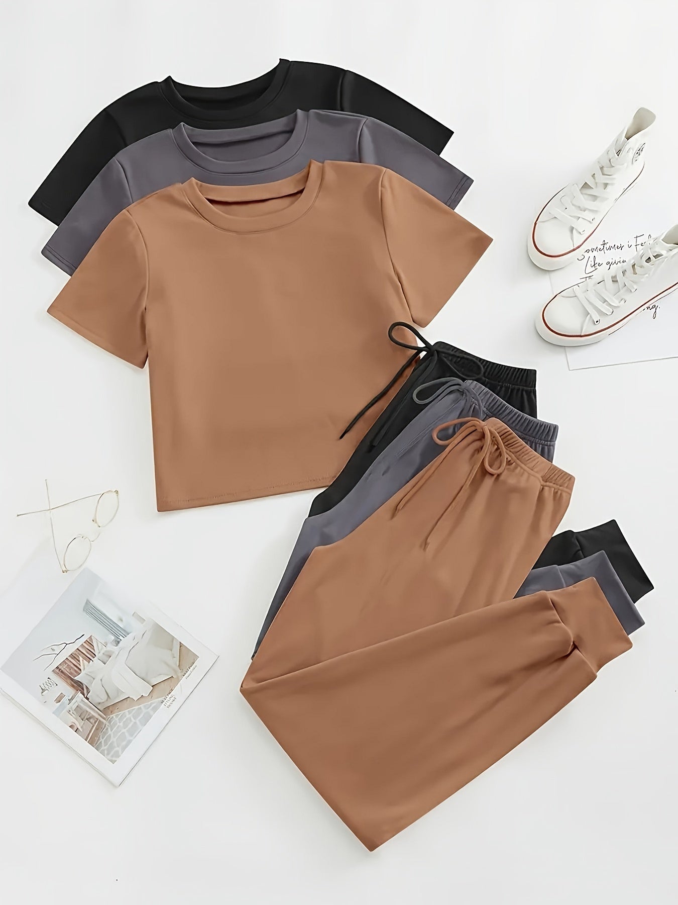 3 Pieces Cozy Crew Neck Drawstring Pants Lounge Set