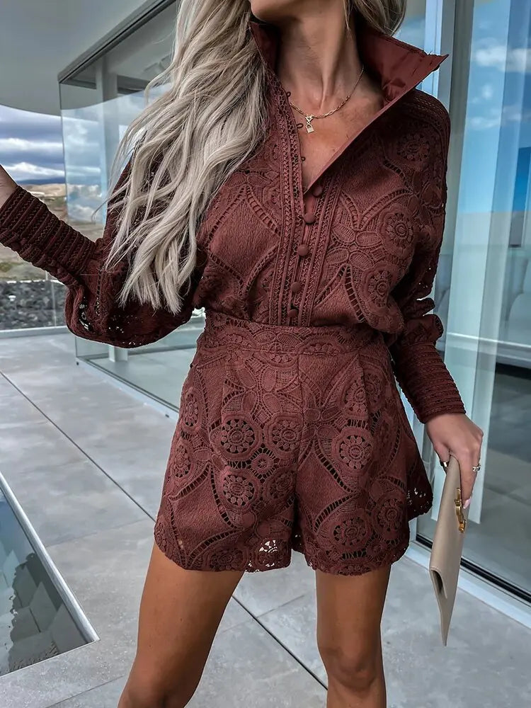 Ladies Elegant Lace Buttoned Top Short Set