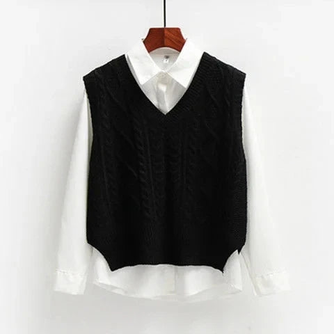 Women's Black Cable Knit V-Neck Sweater Vest – Chic Layers. Timeless Texture
