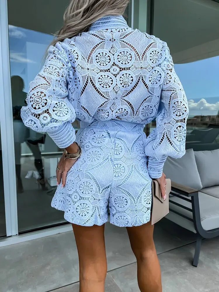 Ladies Elegant Lace Buttoned Top Short Set