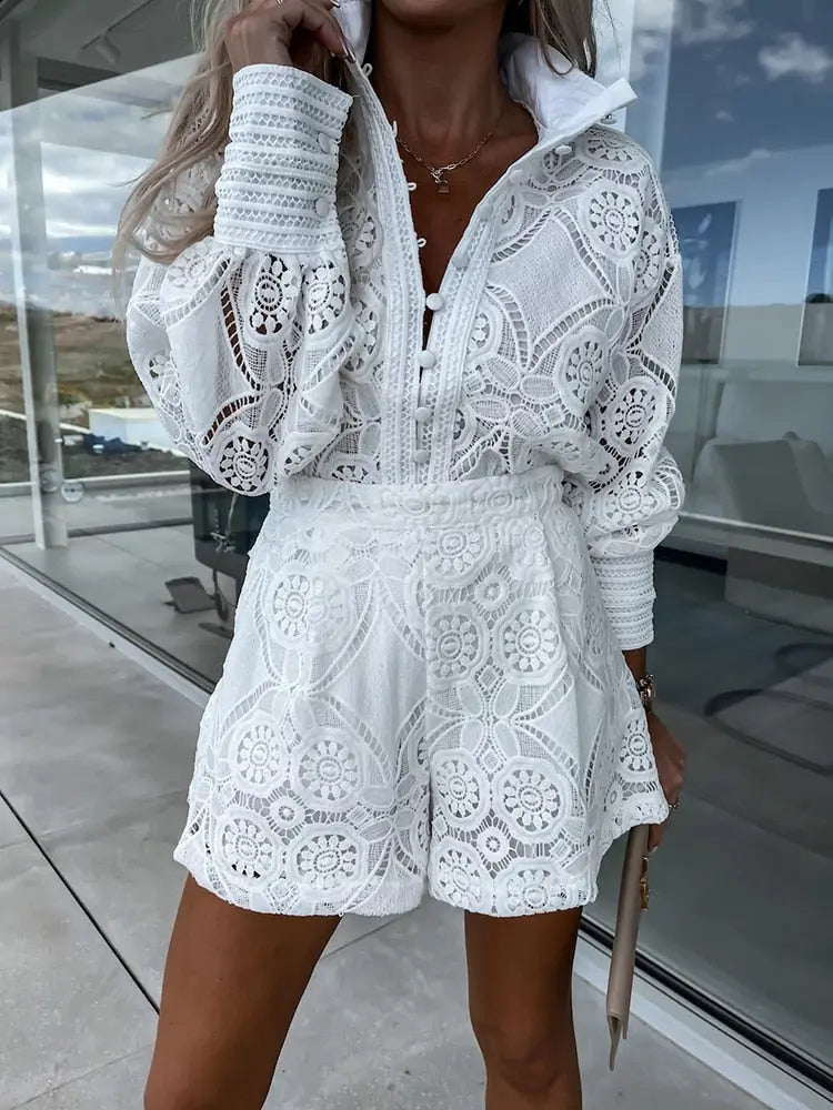 Ladies Elegant Lace Buttoned Top Short Set