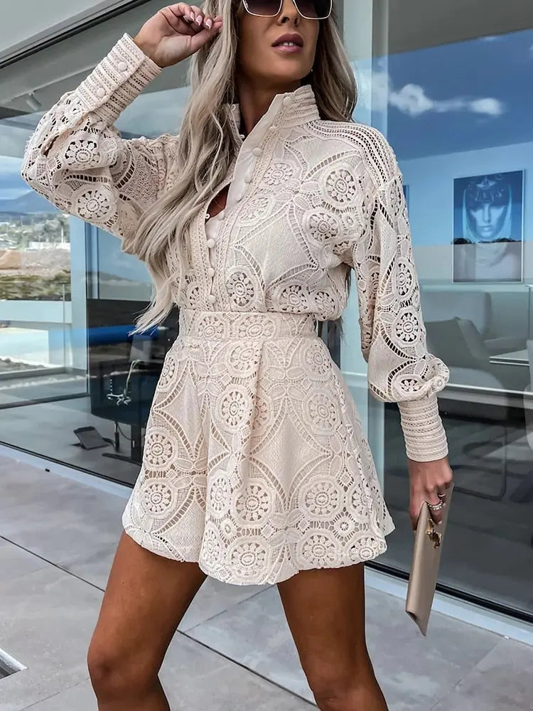 Ladies Elegant Lace Buttoned Top Short Set
