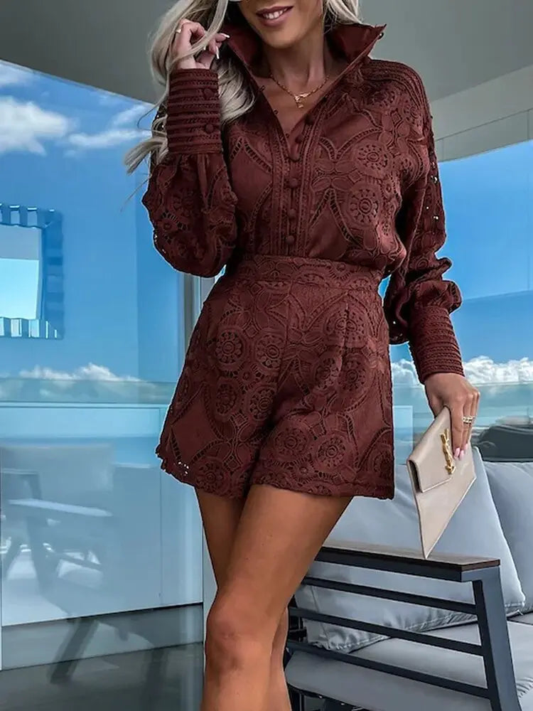 Ladies Elegant Lace Buttoned Top Short Set