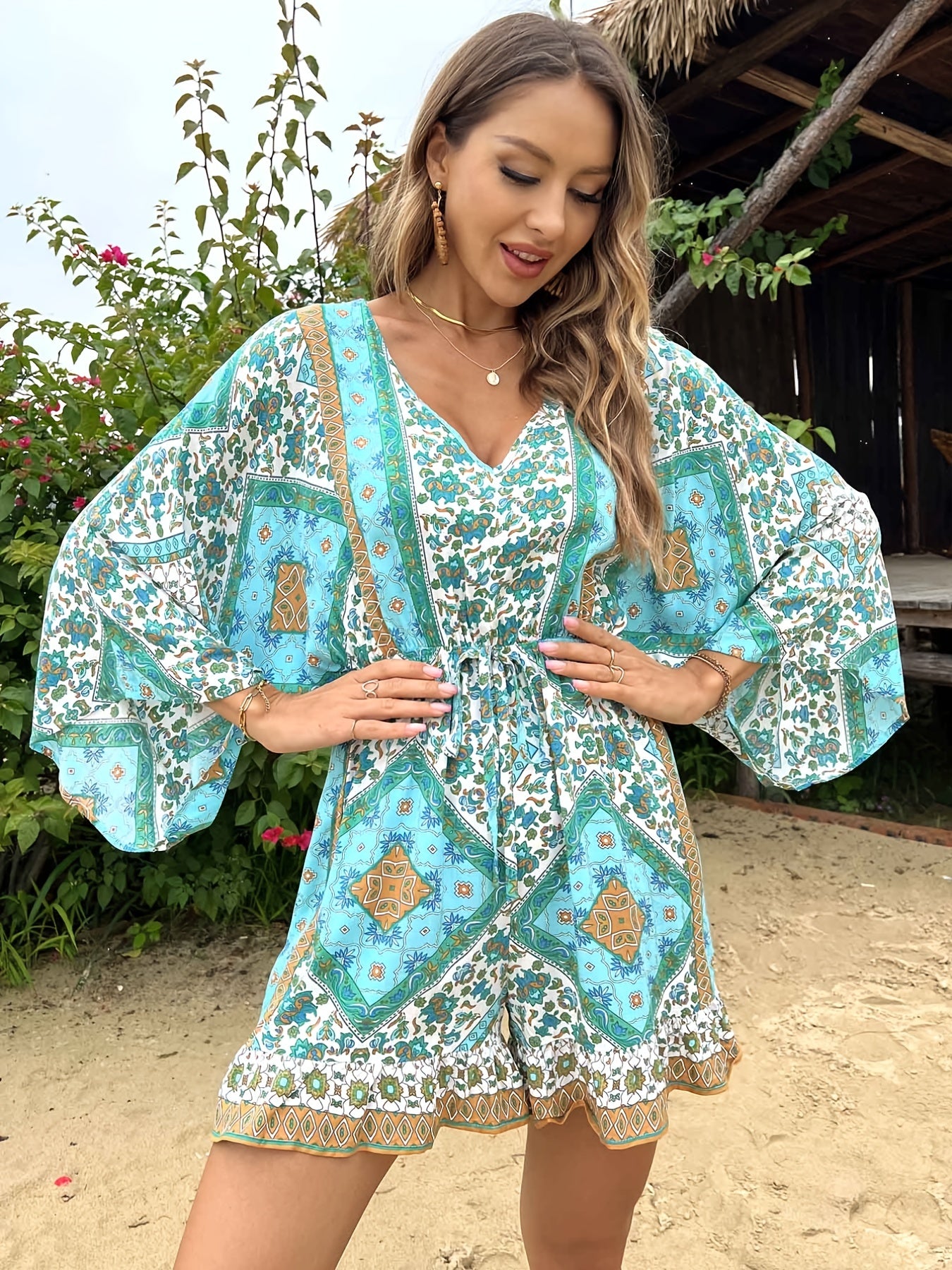 Ladies Floral Print V Neck Culottes Jumpsuit