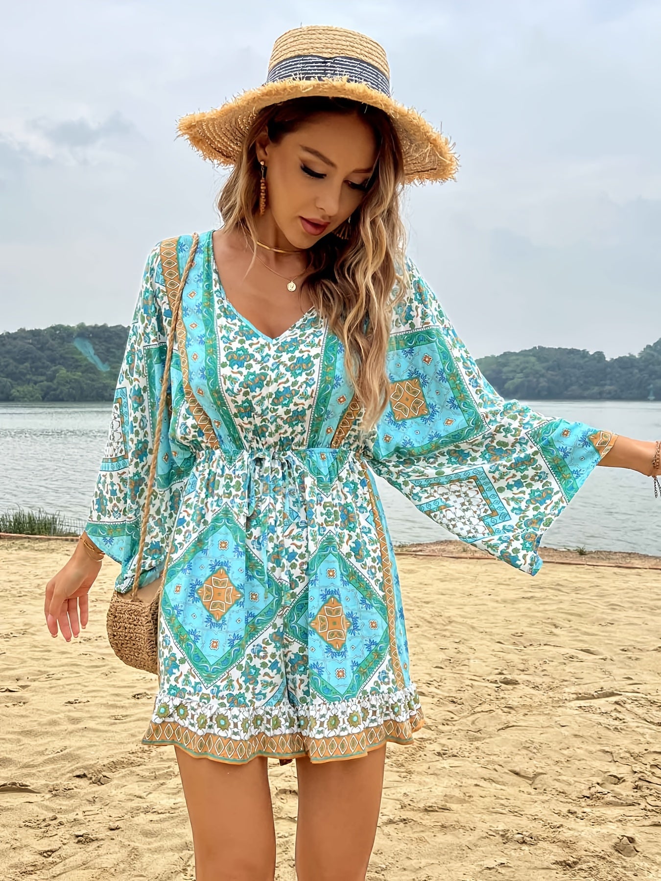 Ladies Floral Print V Neck Culottes Jumpsuit