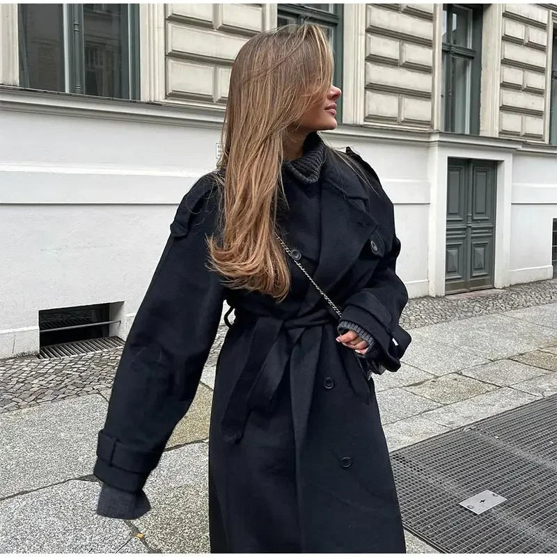 Women's Black Long Wool Trench Coat – Tailored Warmth