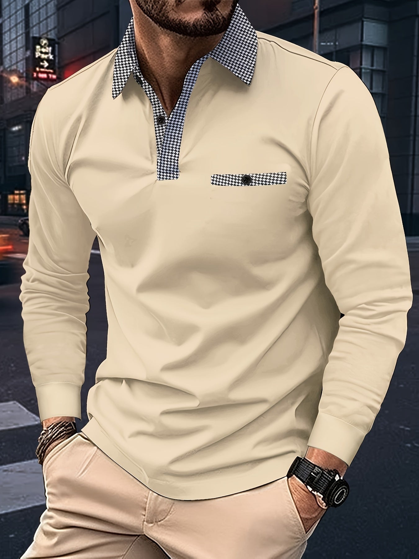 Men's Black Longsleeve Polo Shirt With Checkered Collar – Buttoned Polo