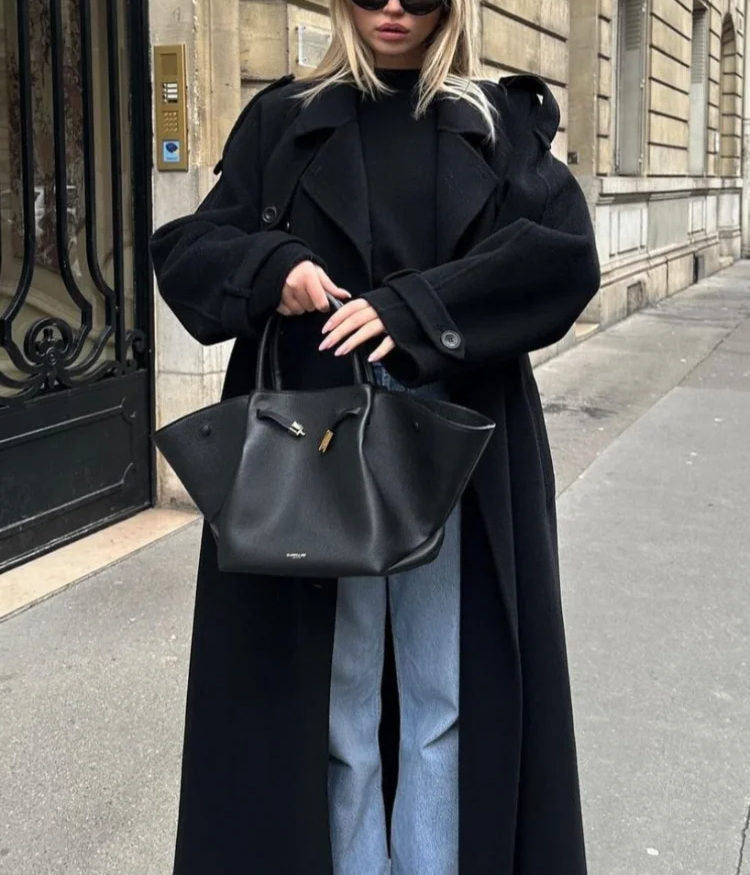 Women's Black Long Wool Trench Coat – Tailored Warmth
