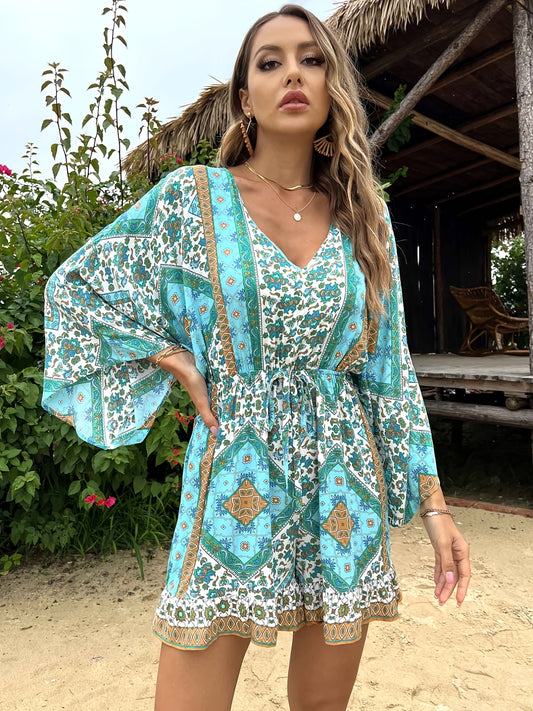 Ladies Floral Print V Neck Culottes Jumpsuit