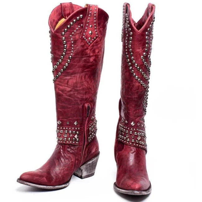 Women’s Vintage Knee Boots – Studded Retro High Heel Leather Look