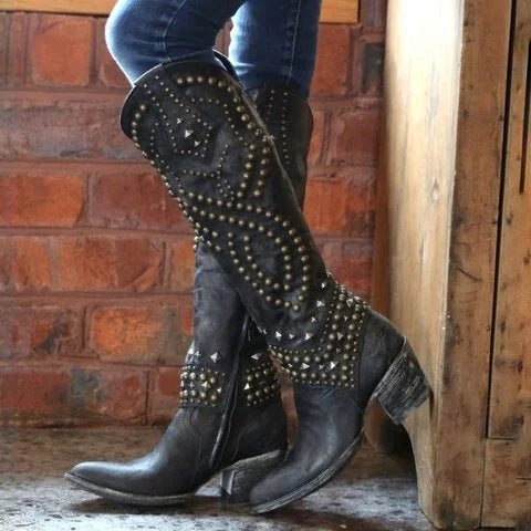 Women’s Vintage Knee Boots – Studded Retro High Heel Leather Look