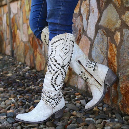 Women’s Vintage Knee Boots – Studded Retro High Heel Leather Look
