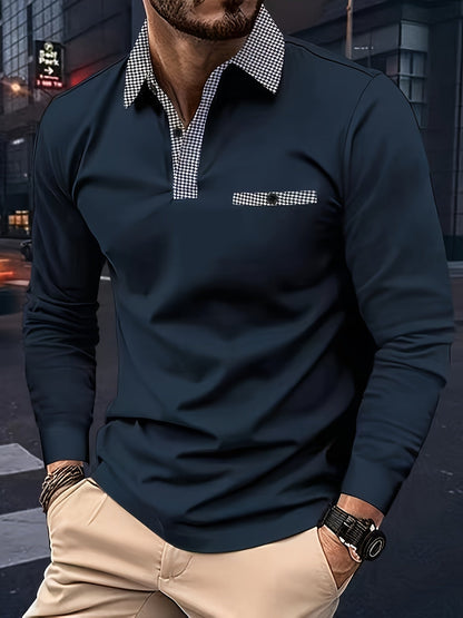 Men's Black Longsleeve Polo Shirt With Checkered Collar – Buttoned Polo