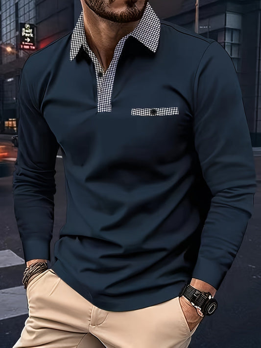 Men's Black Longsleeve Polo Shirt With Checkered Collar – Buttoned Polo