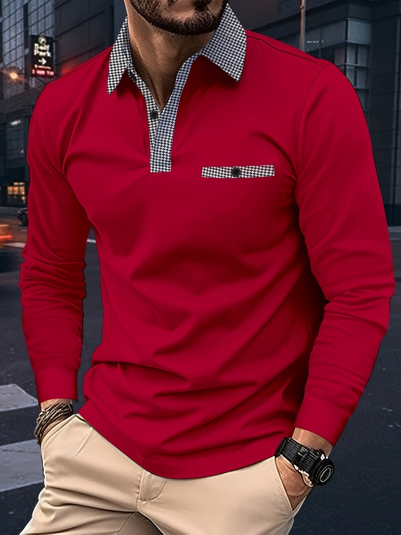Men's Black Longsleeve Polo Shirt With Checkered Collar – Buttoned Polo