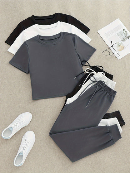 3 Pieces Cozy Crew Neck Drawstring Pants Lounge Set