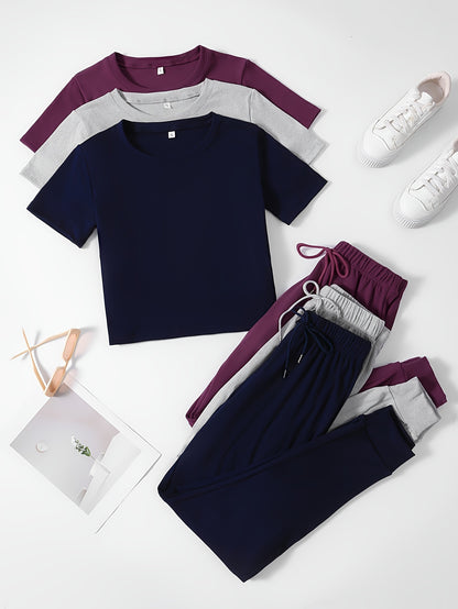 3 Pieces Cozy Crew Neck Drawstring Pants Lounge Set