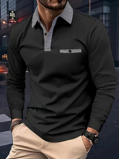 Men's Black Longsleeve Polo Shirt With Checkered Collar – Buttoned Polo