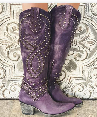 Women’s Vintage Knee Boots – Studded Retro High Heel Leather Look