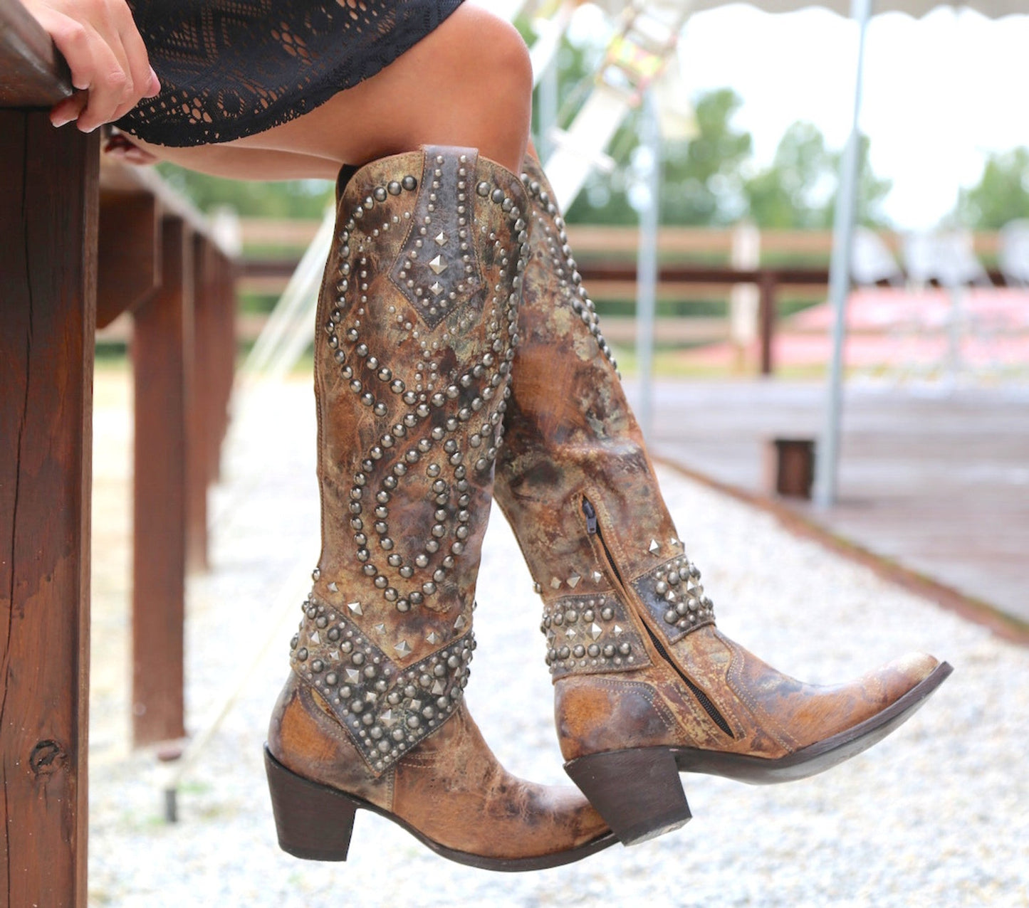 Women’s Vintage Knee Boots – Studded Retro High Heel Leather Look