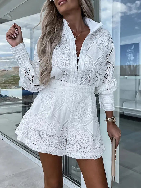 Ladies Elegant Lace Buttoned Top Short Set