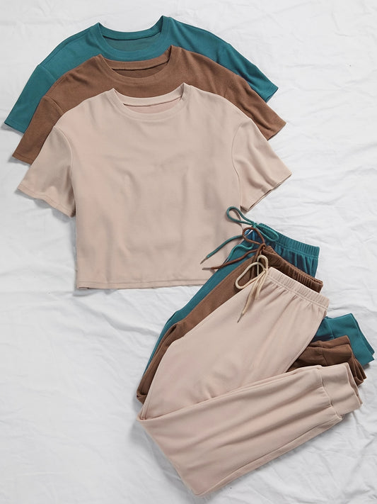 3 Pieces Cozy Crew Neck Drawstring Pants Lounge Set