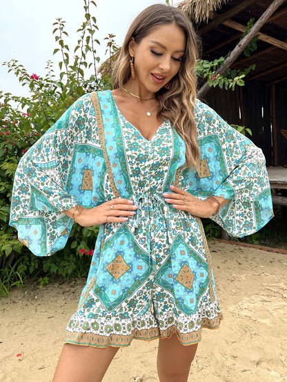 Ladies Floral Print V Neck Culottes Jumpsuit
