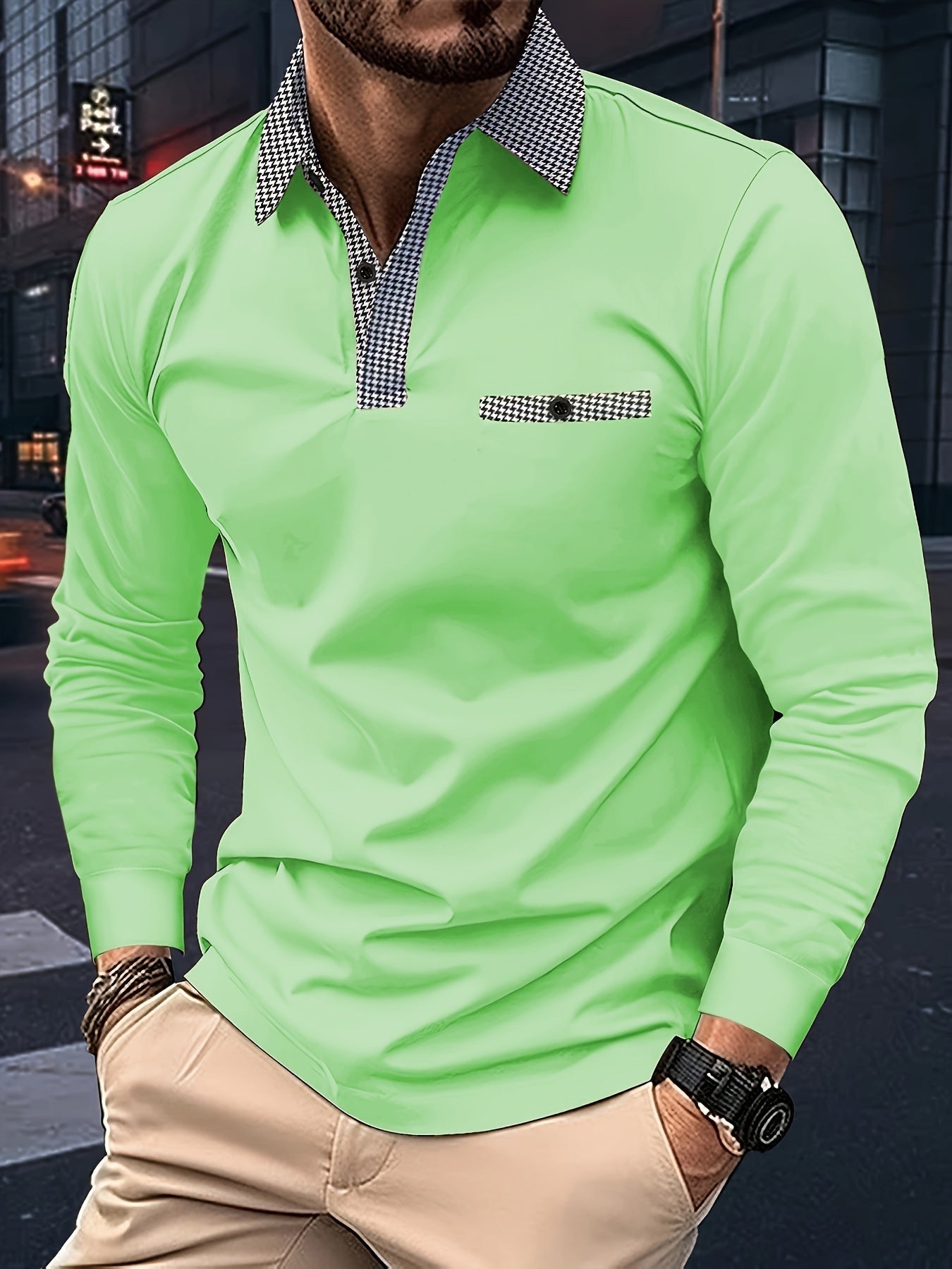 Men's Black Longsleeve Polo Shirt With Checkered Collar – Buttoned Polo