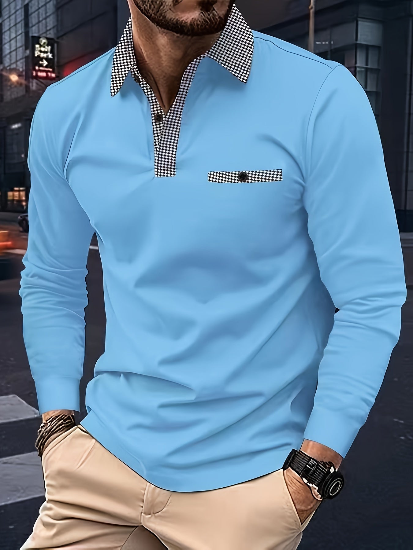 Men's Black Longsleeve Polo Shirt With Checkered Collar – Buttoned Polo