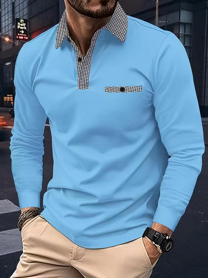 Men's Black Longsleeve Polo Shirt With Checkered Collar – Buttoned Polo
