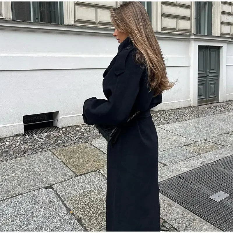 Women's Black Long Wool Trench Coat – Tailored Warmth