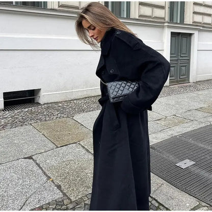 Women's Black Long Wool Trench Coat – Tailored Warmth