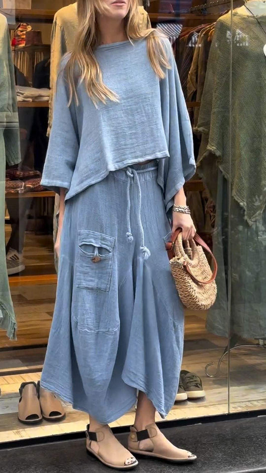 Elegant Women’s Round Neck Cotton Linen Set