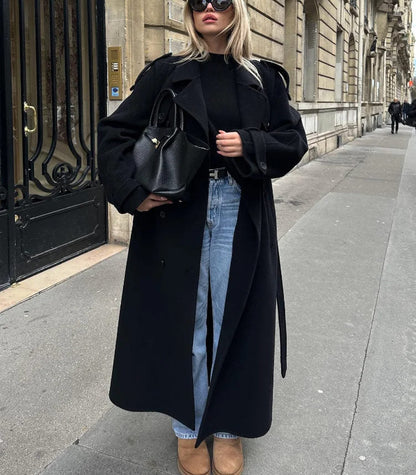 Women's Black Long Wool Trench Coat – Tailored Warmth