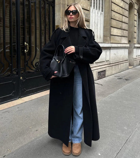 Women's Black Long Wool Trench Coat – Tailored Warmth