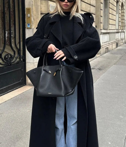 Women's Black Long Wool Trench Coat – Tailored Warmth